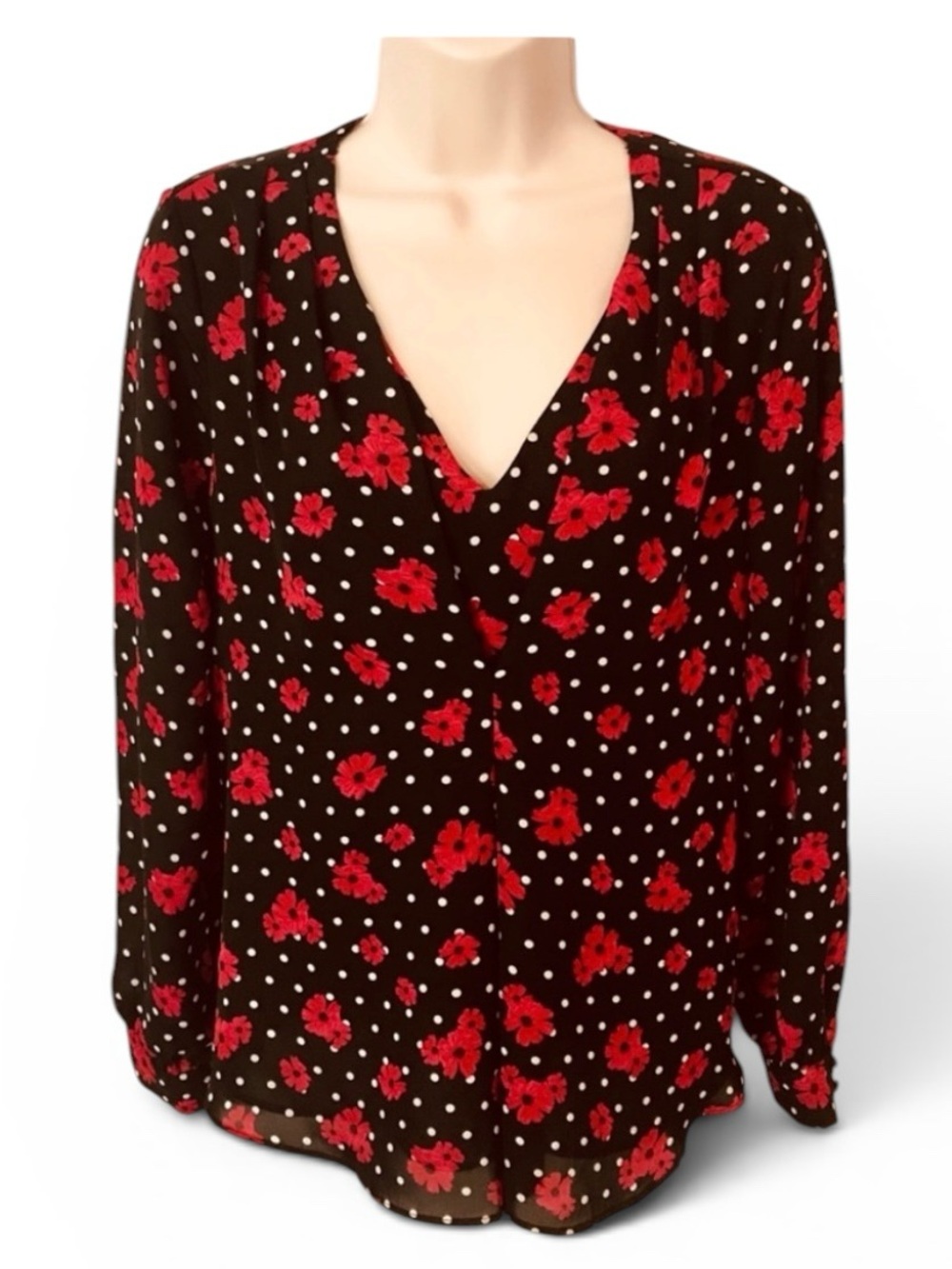 NWT Elle Black Floral V-Neck Long Sleeve Blouse Career Top Size S - Picture 2 of 7